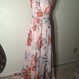 Lulu's Coral Floral Maxi Dress on Blush Pink